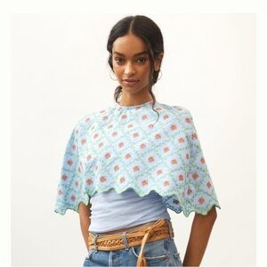 NWOT Anthropologie Blue Floral Embroidered Capelet / Cape